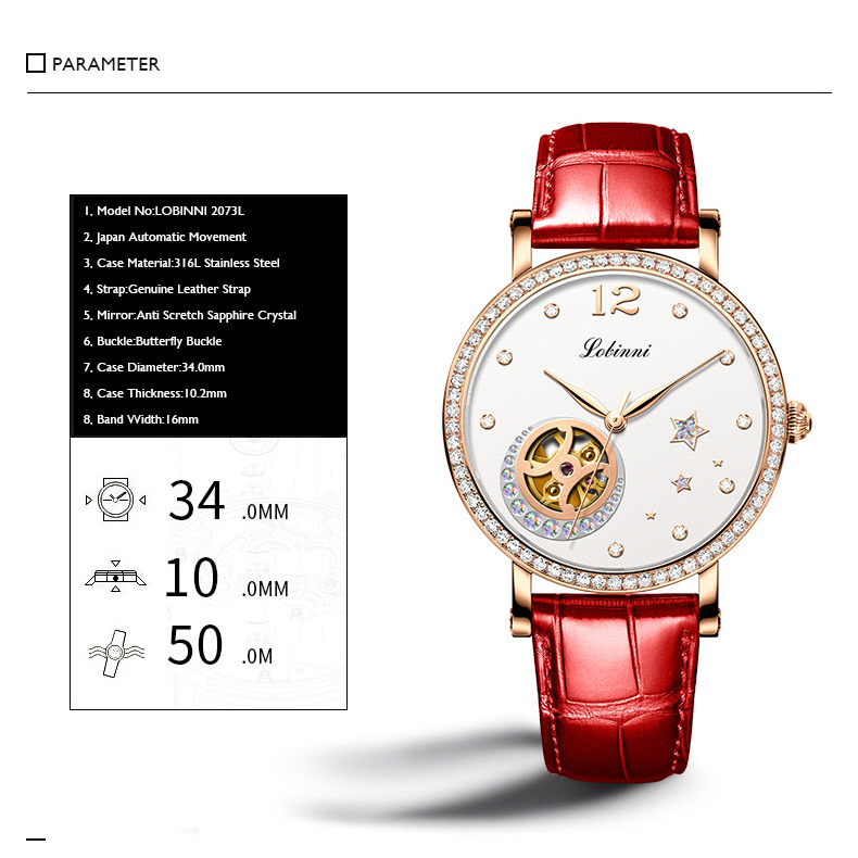 LOBINNI Luxury Women Watches,L - Skeleton Mechanical Watch review and price